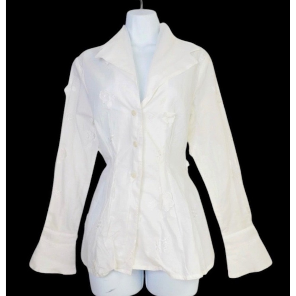 Bear‎ Story Vintage White Floral Embroidered Peplum Blouse Back Tie Long Sleeve